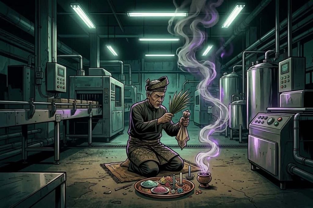 Ilustrasi seorang bomoh Melayu sedang menggelar ritual pengusiran roh dengan kemenyan dan sesajen di tengah ruangan pabrik modern, merepresentasikan benturan budaya dalam menangani kesurupan massal.