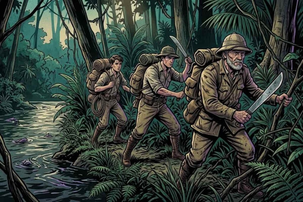Ilustrasi Percy Fawcett bersama Jack dan Raleigh berjalan menyusuri hutan lebat di pinggir sungai, merepresentasikan Ekspedisi Terakhir ke Jantung Rimba.