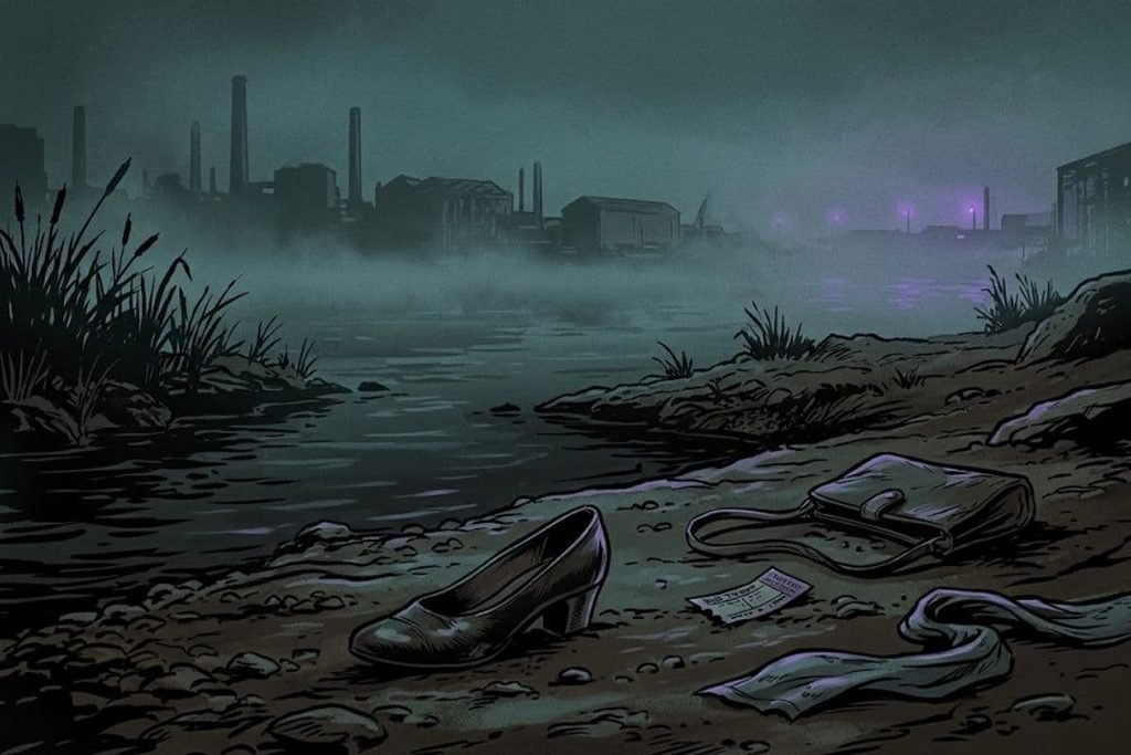 Ilustrasi sepatu hak tinggi dan tas perempuan yang tertinggal di tepi Sungai Thames yang berkabut, mewakili tragedi enam jasad korban pembunuhan berantai.