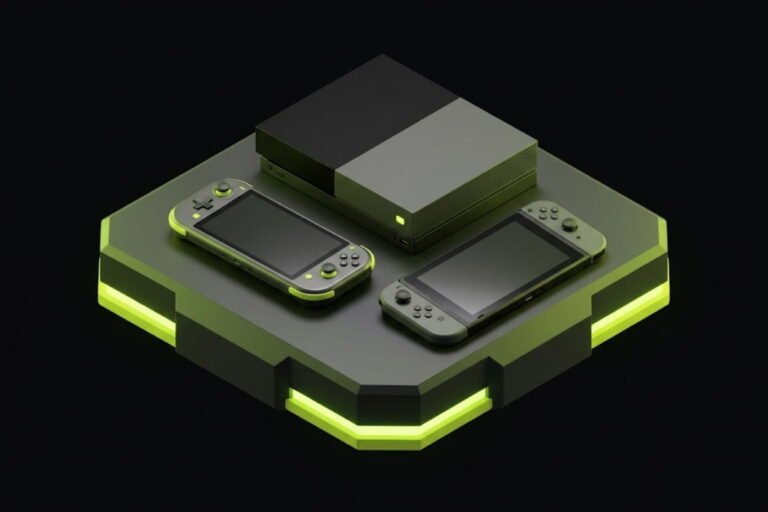 Ilustrasi 3D konsol rumahan dan konsol genggam di atas platform bercahaya hijau, merepresentasikan berbagai jenis konsol game dan panduan cara memilihnya.