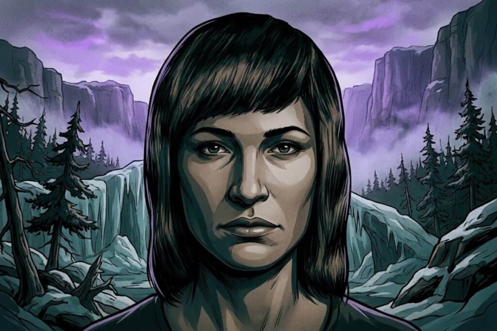 Ilustrasi wajah wanita misterius berambut sebahu dengan latar pegunungan bersalju, merepresentasikan sosok Isdal Woman dalam kasus misteri mayat terbakar di lembah es Norwegia.