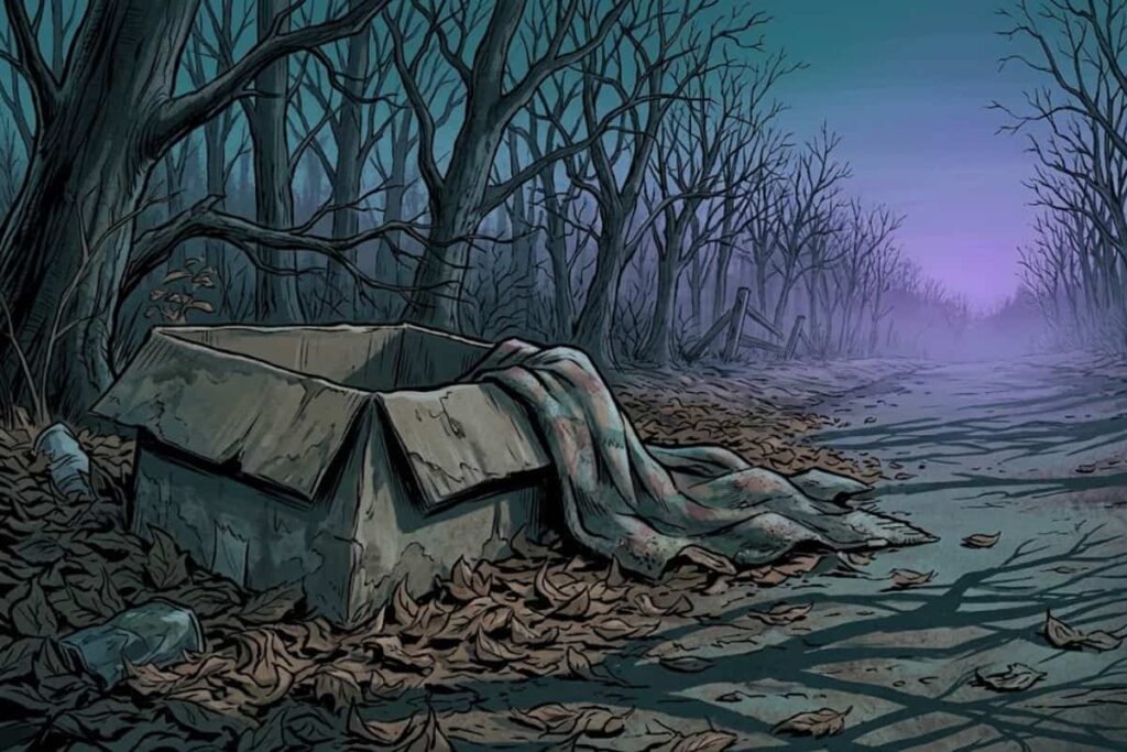 Ilustrasi kardus usang berselimut kain yang terbuang di hutan sunyi, merepresentasikan awal mula penemuan misteri Boy in the Box atau anak tanpa nama.