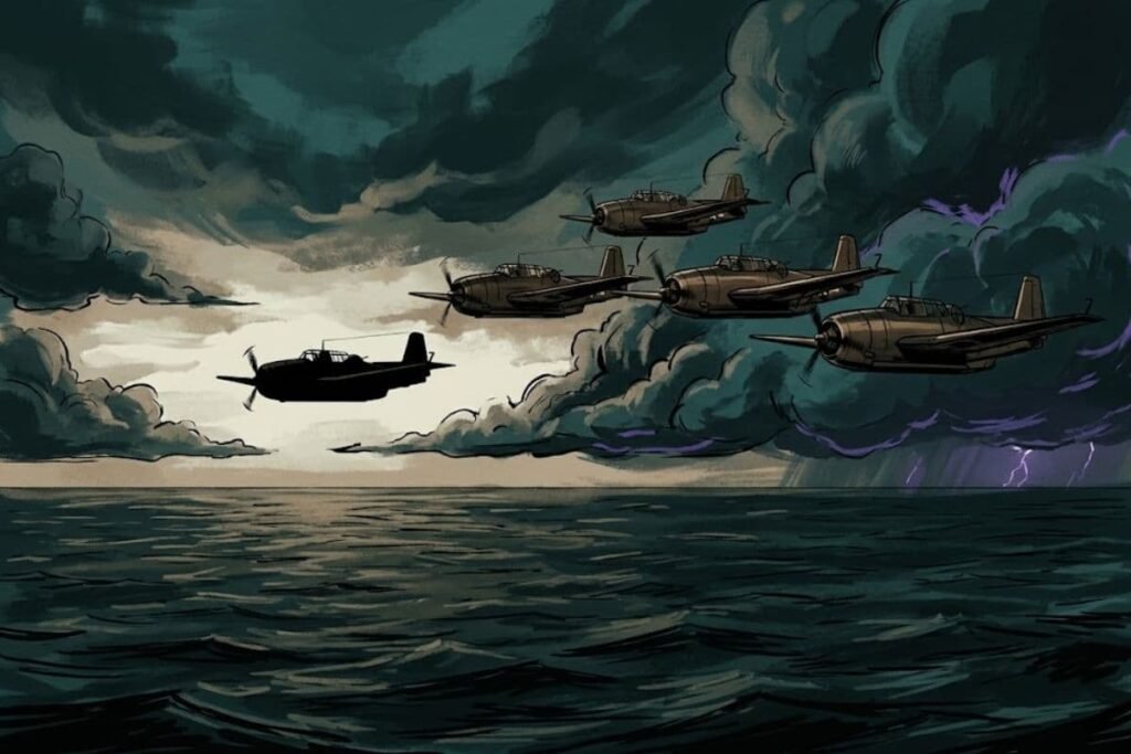 Ilustrasi lima pesawat pengebom torpedo TBM Avenger terbang menuju awan badai di atas lautan, merepresentasikan misteri lenyapnya Flight 19 di Segitiga Bermuda.