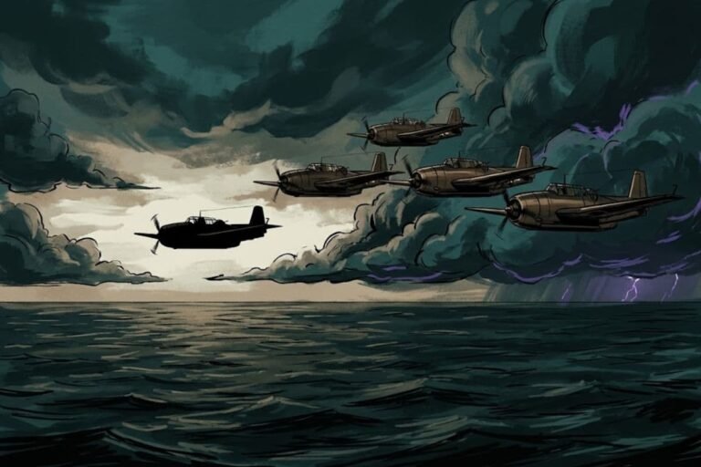 Ilustrasi lima pesawat pengebom torpedo TBM Avenger terbang menuju awan badai di atas lautan, merepresentasikan misteri lenyapnya Flight 19 di Segitiga Bermuda.
