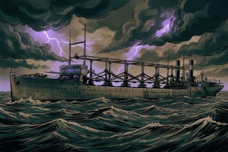 Ilustrasi kapal raksasa USS Cyclops yang sedang berlayar menerjang badai petir di lautan, merepresentasikan misteri lenyapnya kapal tersebut di Segitiga Bermuda.