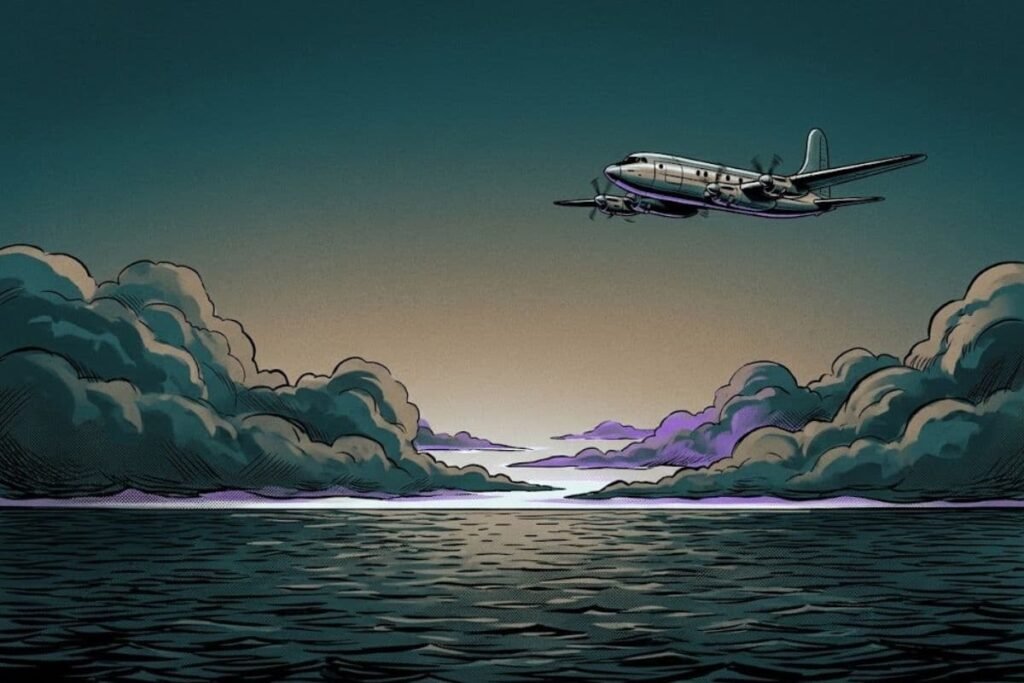Ilustrasi pesawat penumpang terbang menembus awan tebal di atas lautan, merepresentasikan misteri lenyapnya pesawat kembar Star Tiger dan Star Ariel di Segitiga Bermuda.