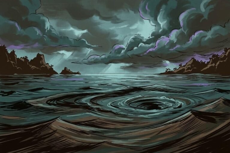 Ilustrasi pusaran air raksasa di tengah lautan gelap di bawah awan badai, merepresentasikan misteri Segitiga Masalembo yang dikenal sebagai Segitiga Bermuda dari Indonesia.