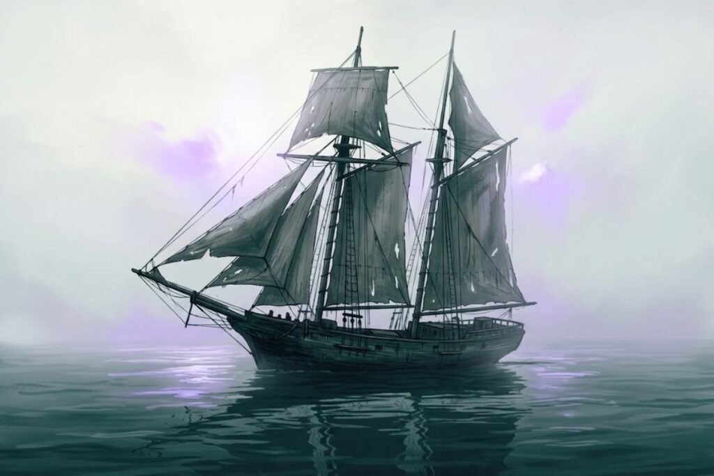 Ilustrasi kapal layar usang dengan layar terkoyak yang terombang-ambing di lautan berkabut, merepresentasikan legenda kapal hantu Ellen Austin di Segitiga Bermuda.