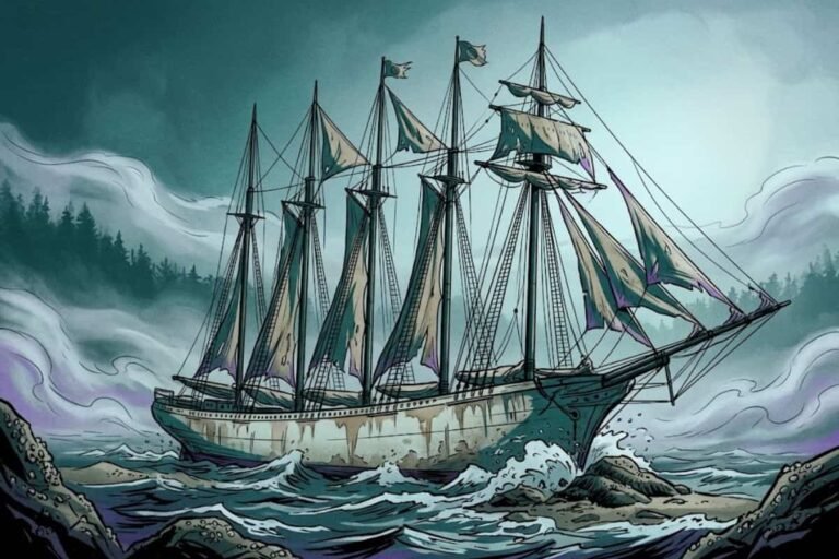 Ilustrasi kapal layar besar dengan layar terkoyak yang terdampar di karang berombak, merepresentasikan misteri kapal hantu Carroll A. Deering di Diamond Shoals.