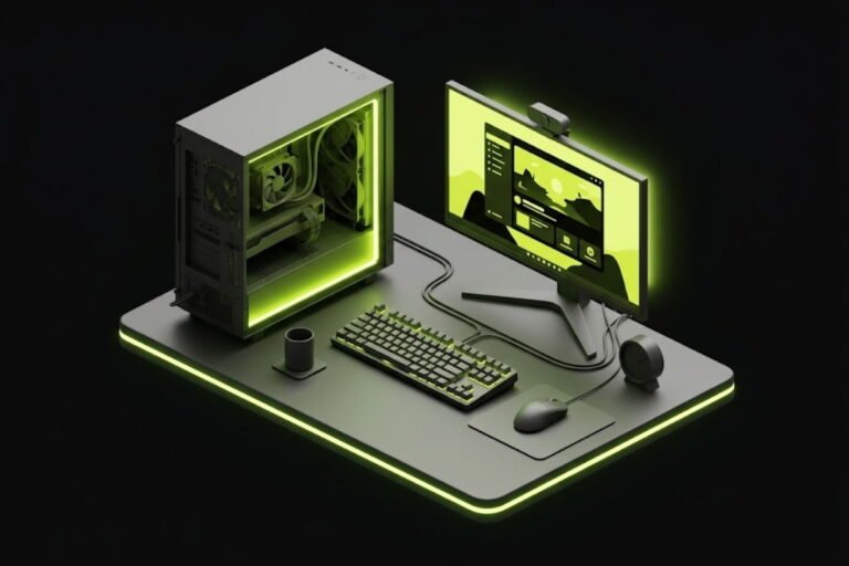 Ilustrasi 3D setup komputer desktop dengan casing PC transparan, monitor, dan keyboard di atas meja bercahaya hijau, mengilustrasikan pengenalan apa itu PC gaming beserta komponennya.