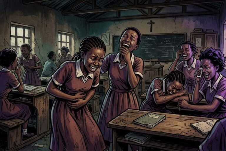 Ilustrasi sekelompok siswi sekolah tertawa histeris hingga menangis di dalam kelas, merepresentasikan fenomena aneh wabah tertawa 1962 di Tanzania.