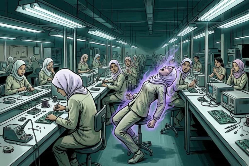Ilustrasi seorang buruh perempuan berhijab yang mengalami histeria di tengah jalur perakitan elektronik, merepresentasikan fenomena kesurupan massal di pabrik Malaysia ketika roh diyakini menyerang para pekerja.