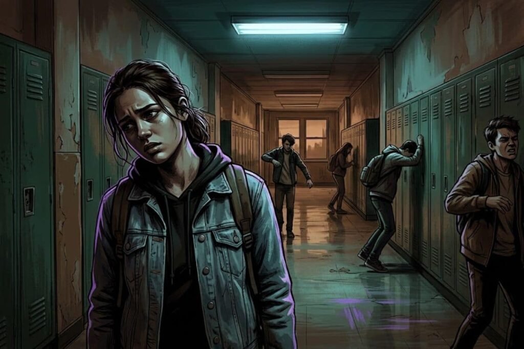 Ilustrasi suasana suram di lorong sekolah yang memperlihatkan para siswi gelisah dan mengalami kedutan, merepresentasikan misteri tics massal Le Roy.