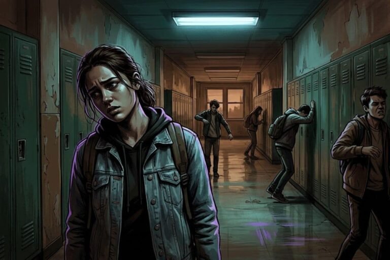 Ilustrasi suasana suram di lorong sekolah yang memperlihatkan para siswi gelisah dan mengalami kedutan, merepresentasikan misteri tics massal Le Roy.