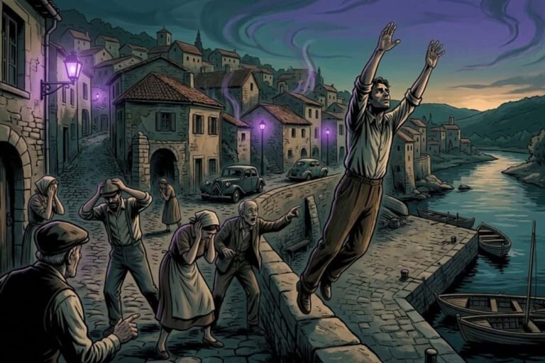 Ilustrasi kekacauan warga desa saat seorang pria melompat ke sungai akibat halusinasi massal, merepresentasikan misteri roti beracun Pont-Saint-Esprit.