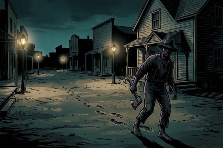 Ilustrasi siluet pria misterius membawa kapak berdarah di jalanan sepi pada malam hari, merepresentasikan teror pembunuh tak dikenal Servant Girl Annihilator di Austin.