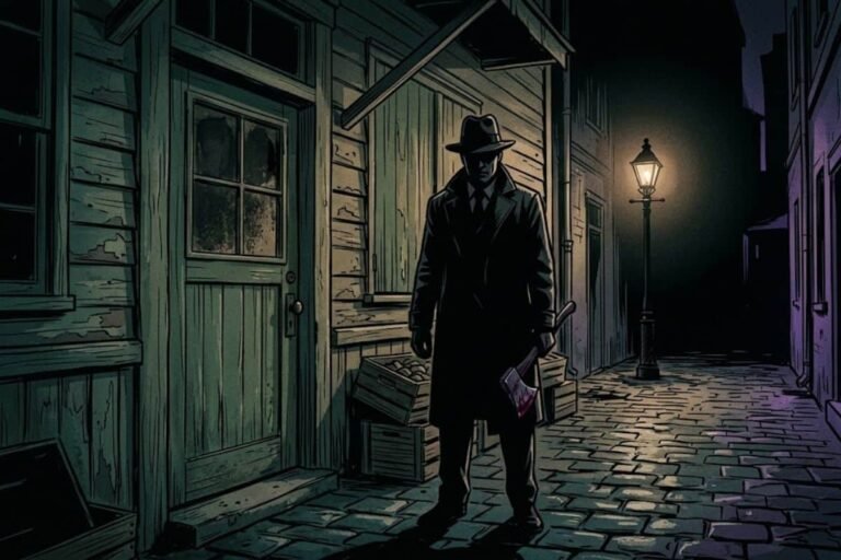 Ilustrasi siluet pria misterius bertopi fedora memegang kapak berdarah di gang gelap berseteru, merepresentasikan teror pembunuh berkapak Axeman of New Orleans.