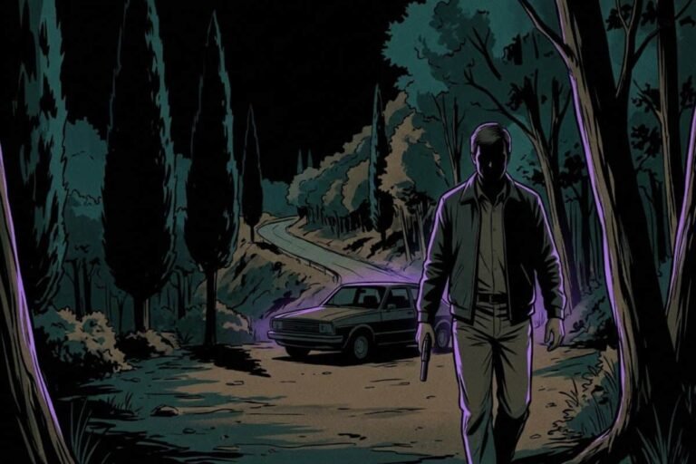 Ilustrasi siluet pria misterius membawa pistol menjauhi mobil di jalanan sepi pada malam hari, merepresentasikan teror Monster of Florence yang mengincar pasangan kekasih.
