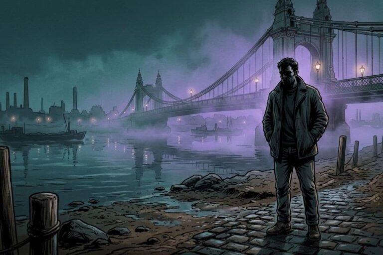 Ilustrasi pria misterius berdiri di tepi Sungai Thames yang berkabut, menggambarkan sosok pembunuh berantai Jack the Stripper.