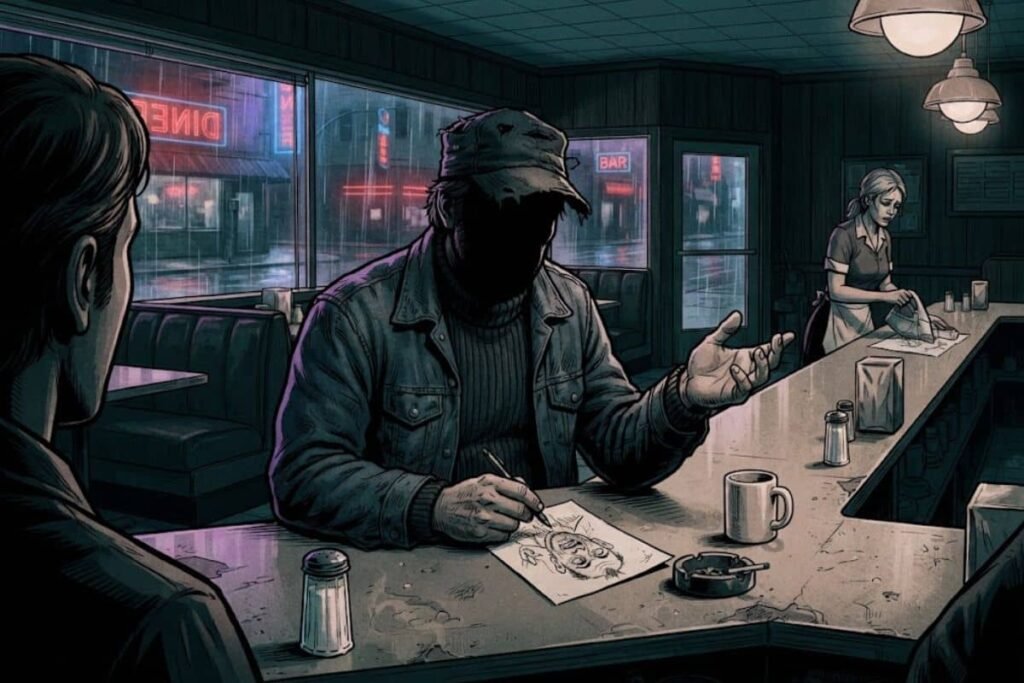 Ilustrasi pria misterius berwajah gelap sedang menggambar sketsa di sebuah diner, merepresentasikan taktik pembunuh berantai The Doodler di San Francisco.