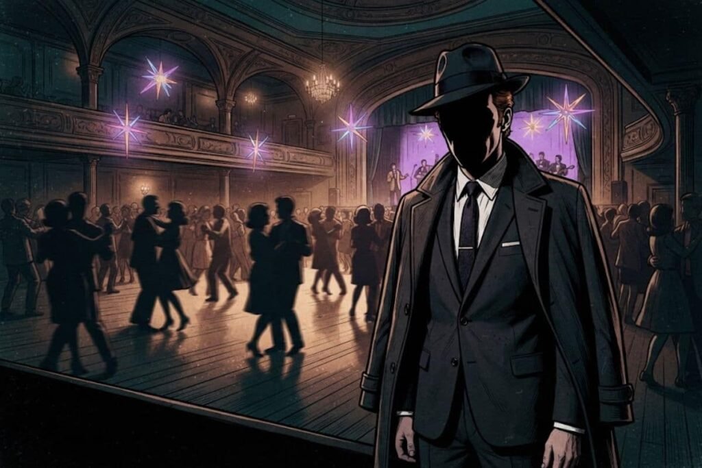 Ilustrasi siluet pria misterius berjas dan bertopi fedora di depan lantai dansa yang ramai, merepresentasikan sosok pembunuh berantai Bible John di Barrowland Ballroom.