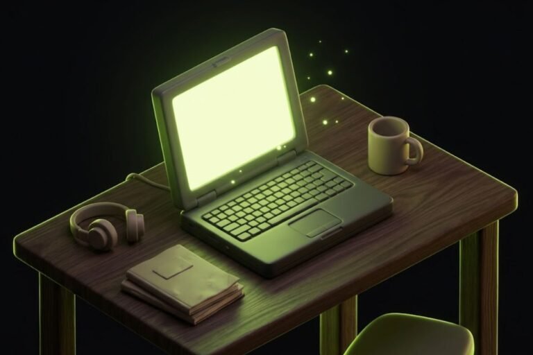 Ilustrasi 3D laptop sederhana yang menyala terang di atas meja kayu, merepresentasikan setup bermain dari daftar 17 rekomendasi game PC ringan buat laptop kentang.