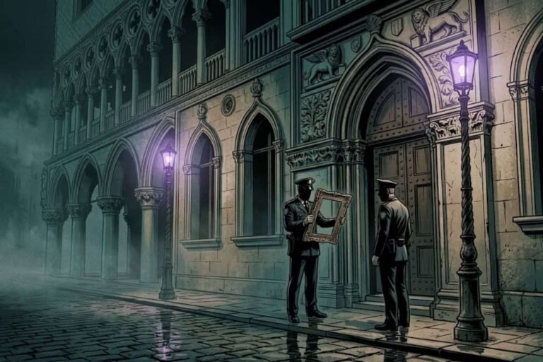 Ilustrasi dua pria yang menyamar dengan berseragam polisi memegang bingkai lukisan kosong di depan bangunan klasik pada malam hari, merepresentasikan misteri perampokan Museum Isabella Stewart Gardner.