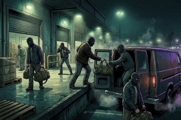 Ilustrasi komplotan pria bertopeng memuat tas-tas besar ke dalam mobil van di area kargo bandara malam hari, merepresentasikan eksekusi kasus Lufthansa Heist sebagai perampokan tunai terbesar.
