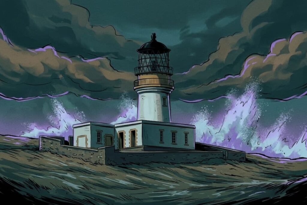 Ilustrasi mercusuar Eilean Mor yang diterjang ombak ganas di bawah langit badai, merepresentasikan misteri Flannan Isles Lighthouse dan lenyapnya tiga penjaga.