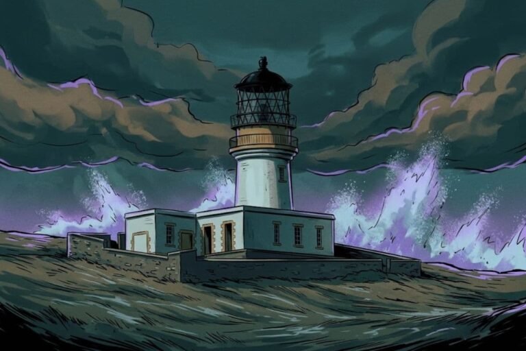 Ilustrasi mercusuar Eilean Mor yang diterjang ombak ganas di bawah langit badai, merepresentasikan misteri Flannan Isles Lighthouse dan lenyapnya tiga penjaga.