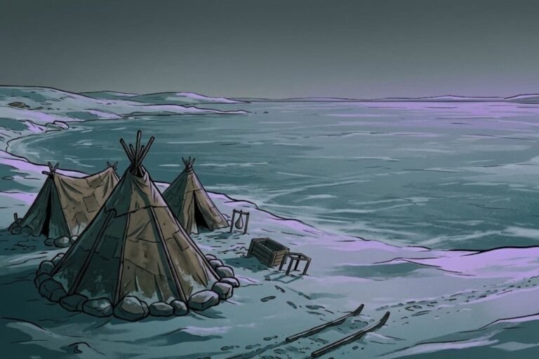 Ilustrasi tenda-tenda yang ditinggalkan kosong di tepi danau bersalju, merepresentasikan Misteri Desa Anjikuni tentang lenyapnya satu kampung di Kanada.