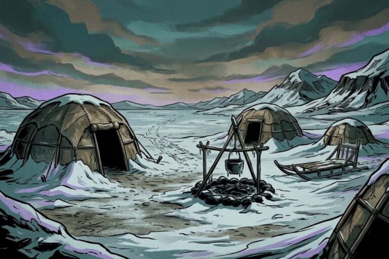 Ilustrasi pemukiman tenda tradisional yang kosong di tengah lanskap bersalju Arktik, merepresentasikan Misteri Desa Anjikuni tentang kisah desa yang konon lenyap di Kanada.