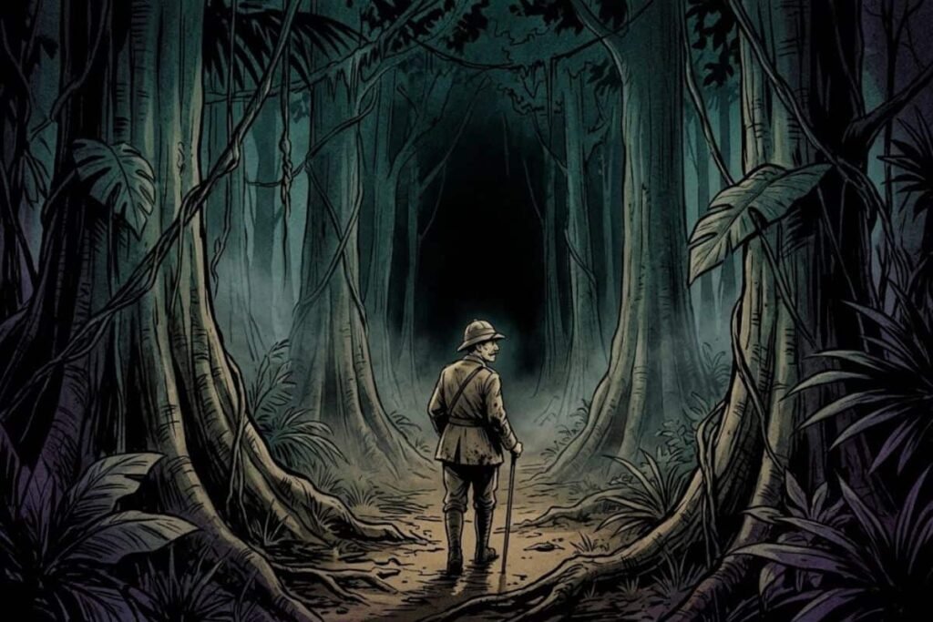 Ilustrasi penjelajah berdiri di tengah rimbunnya hutan belantara yang gelap, merepresentasikan Kisah Percy Fawcett dan misteri hilangnya sang penjelajah di Lost City of Z.
