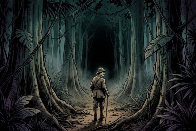 Ilustrasi penjelajah berdiri di tengah rimbunnya hutan belantara yang gelap, merepresentasikan Kisah Percy Fawcett dan misteri hilangnya sang penjelajah di Lost City of Z.
