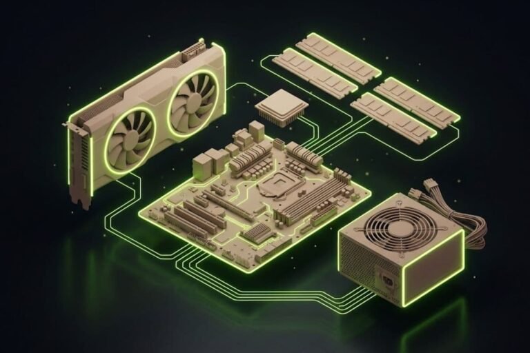 Ilustrasi 3D susunan hardware yang terhubung jalur sirkuit hijau, menampilkan motherboard, kartu grafis, prosesor, RAM, dan power supply sebagai panduan lengkap komponen PC gaming.