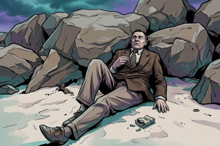 Ilustrasi pria berjas cokelat yang tergeletak tak bernyawa di pantai berbatu, merepresentasikan penemuan misteri mayat tanpa nama The Somerton Man.