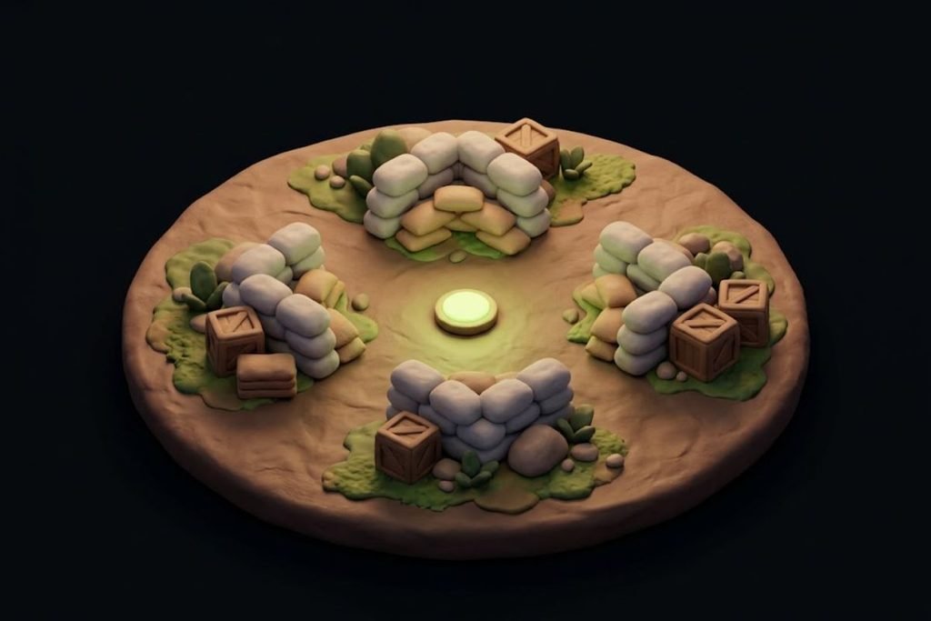 Ilustrasi 3D arena pertempuran taktis dengan barikade karung pasir dan titik objektif, merepresentasikan rekomendasi game aksi dan FPS ringan seperti Counter-Strike 2 dan Valorant.