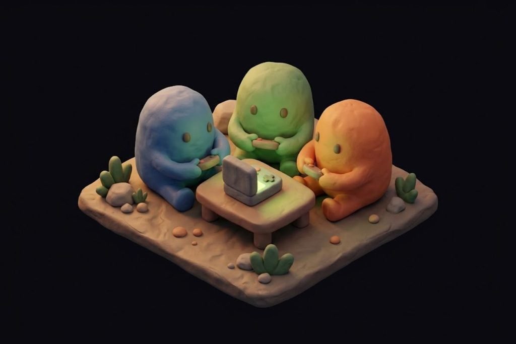 Ilustrasi 3D tiga karakter lucu bermain game bersama menghadap laptop, merepresentasikan keseruan daftar rekomendasi game multiplayer dan kompetitif ringan untuk main bareng teman.