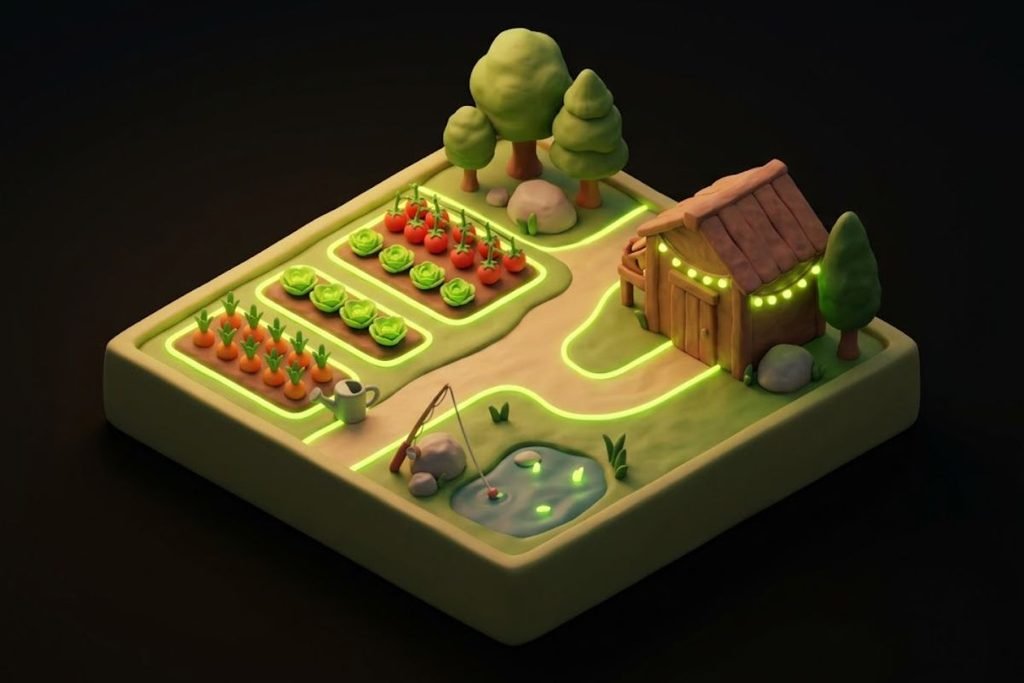 Ilustrasi 3D area pertanian dengan pondok kayu, petak ladang, dan kolam pancing, merepresentasikan rekomendasi genre game santai dan simulasi PC ringan seperti Stardew Valley.