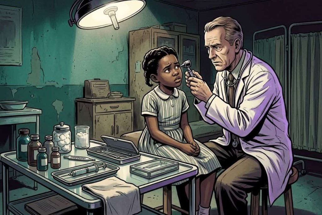 Ilustrasi seorang dokter sedang memeriksa mata seorang siswi, merepresentasikan kebingungan tim medis menghadapi gejala nyata tanpa penyakit fisik pada wabah tertawa 1962.
