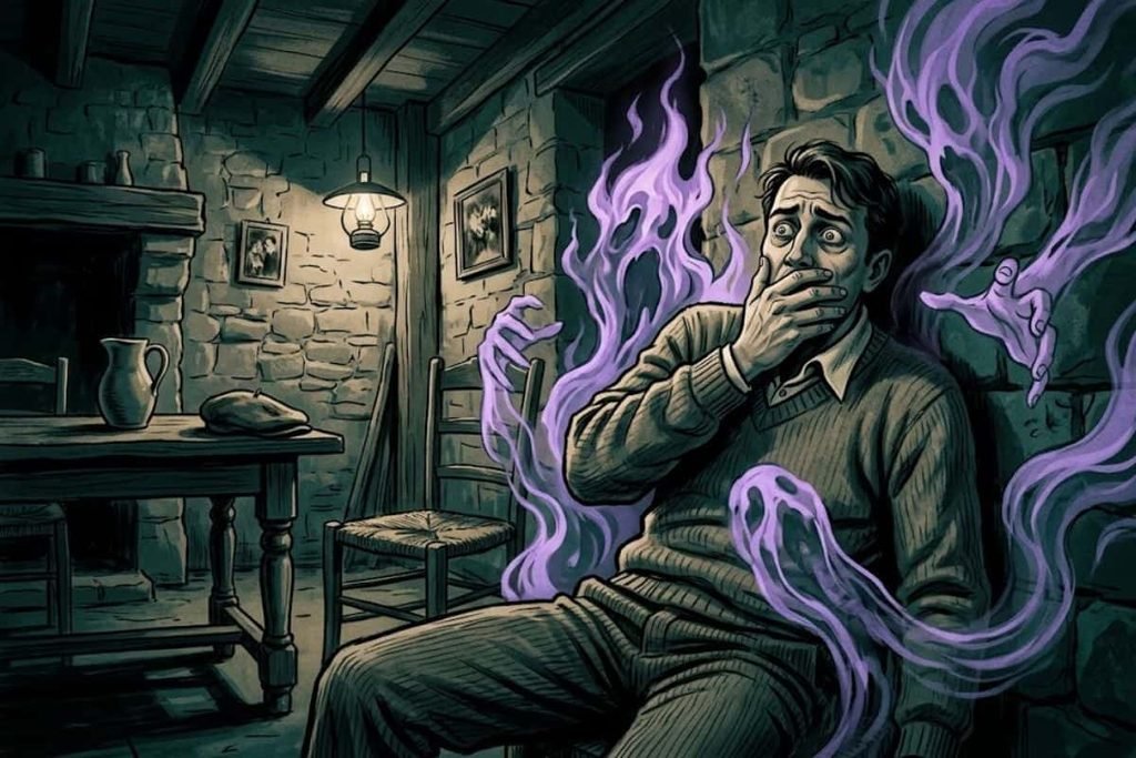 Ilustrasi seorang pria ketakutan melihat halusinasi wujud menyeramkan di dalam rumahnya, merepresentasikan hari ketika warga desa Pont-Saint-Esprit kehilangan akal akibat keracunan massal.