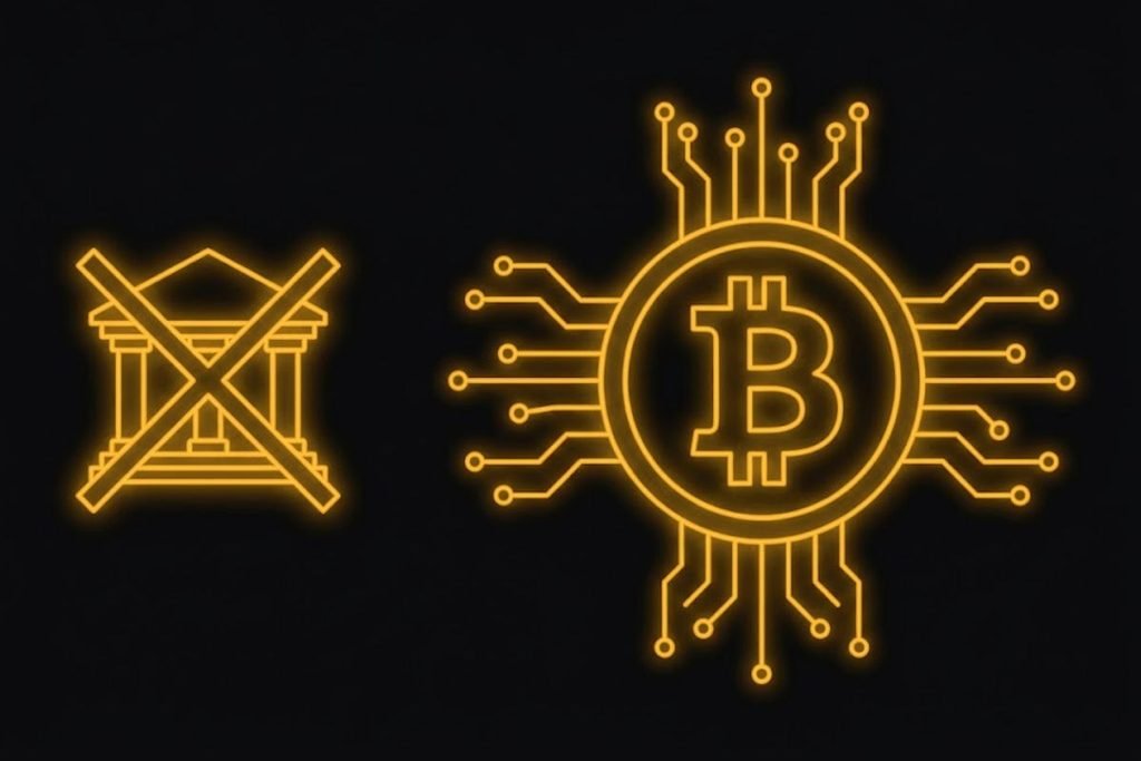 Ilustrasi ikon bank dicoret dan logo Bitcoin bersirkuit digital untuk konsep sistem desentralisasi tanpa bank.