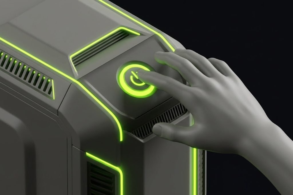 Ilustrasi 3D tangan menekan tombol power pada casing PC gaming bercahaya hijau, melambangkan langkah awal dan keputusan akhir apakah PC gaming cocok buat kamu.