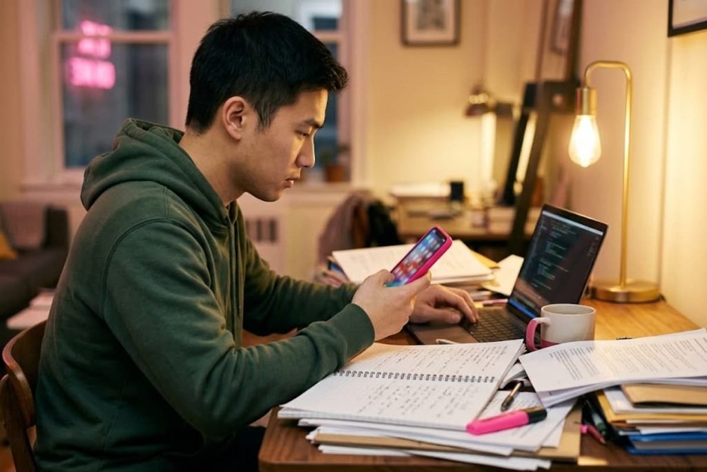 Pria terdistraksi melihat ponsel saat bekerja di depan laptop, mengilustrasikan jebakan notifikasi yang bikin prioritas berantakan.