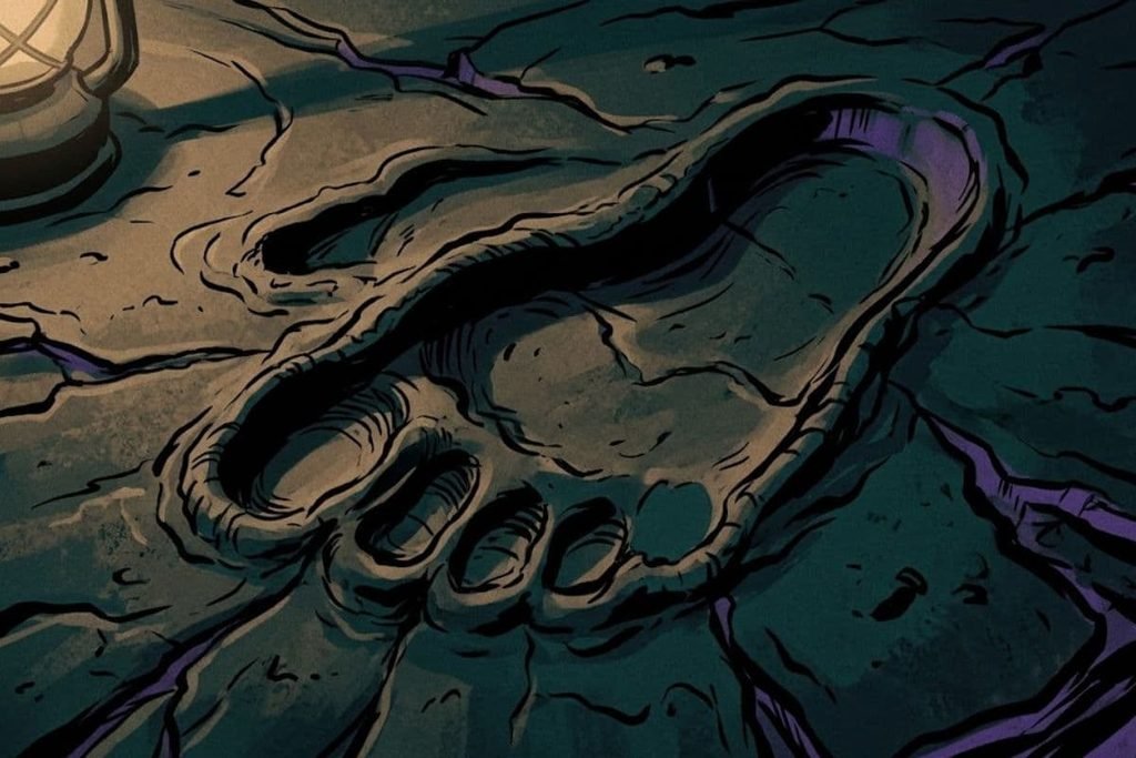 Ilustrasi jejak kaki telanjang dengan empat jari di atas tanah, merepresentasikan temuan bukti kunci yang mengarah pada sosok Nathan Elgin dalam misteri Servant Girl Annihilator.