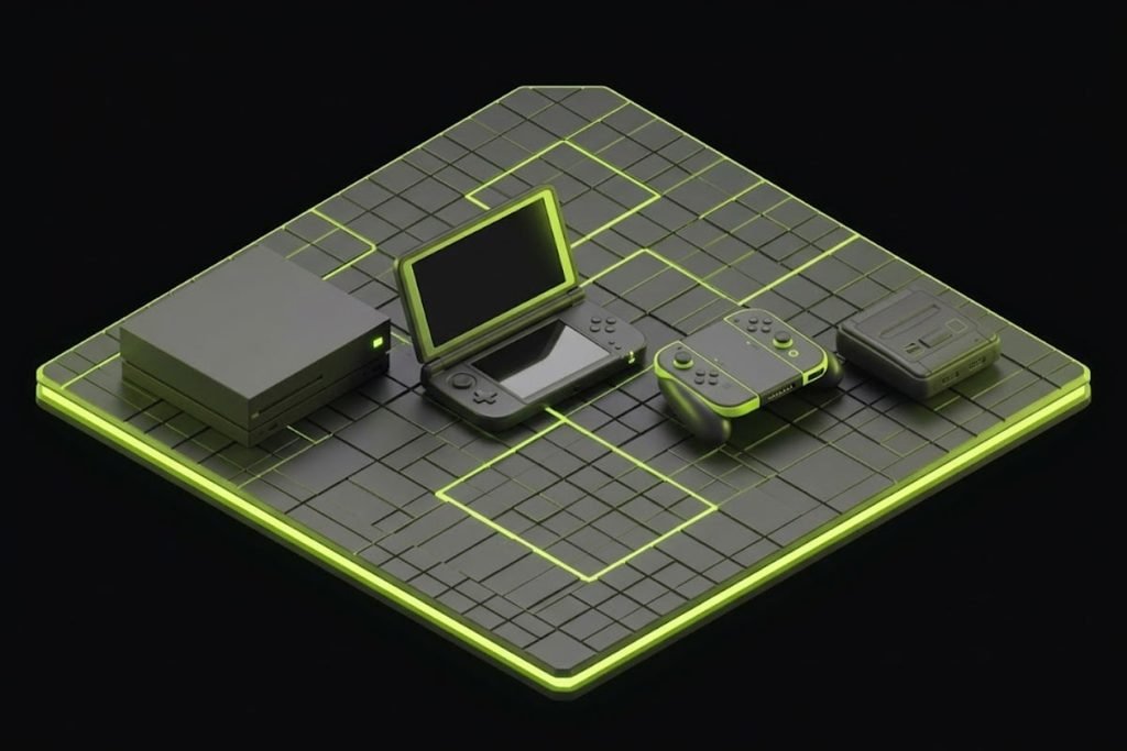 Ilustrasi 3D empat perangkat permainan berbeda di atas platform bergaris hijau, merepresentasikan pembagian jenis konsol game berdasarkan bentuknya mulai dari rumahan, genggam, hybrid, hingga retro.