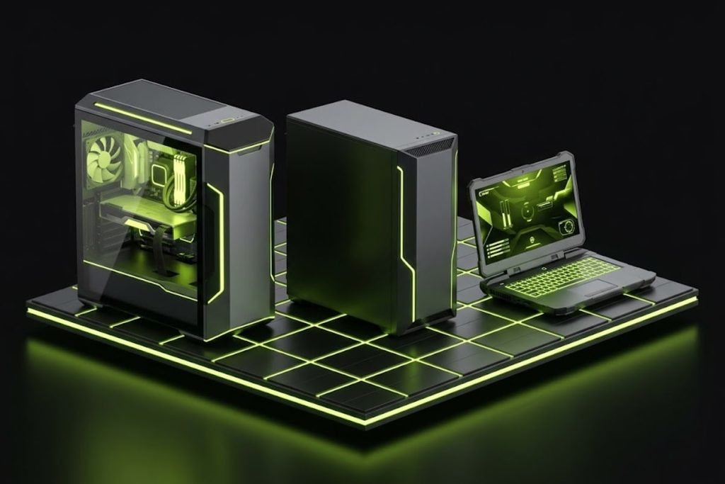 Ilustrasi 3D tiga perangkat di atas platform bergaris hijau, menampilkan PC desktop rakitan transparan, PC pre-built, dan laptop gaming untuk menjelaskan jenis PC gaming.