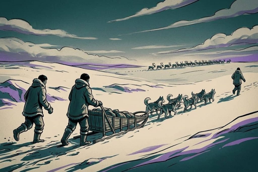 Ilustrasi warga Inuit melakukan perjalanan migrasi musim dingin melintasi salju, merepresentasikan pola hidup berpindah yang menjelaskan mengapa kamp kosong di Anjikuni bukan hal ganjil.