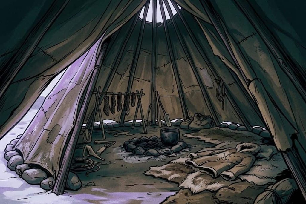 Ilustrasi bagian dalam tenda suku Inuit yang kosong dan ditinggalkan tergesa-gesa, merepresentasikan penemuan Joe Labelle di Desa Anjikuni.