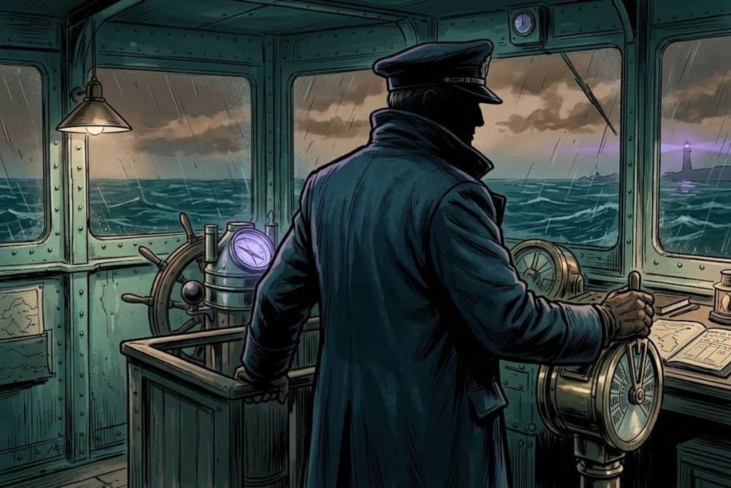 Ilustrasi siluet Kapten George W. Worley di ruang kemudi menatap lautan, merepresentasikan sosok penuh teka-teki di balik misteri hilangnya kapal USS Cyclops.